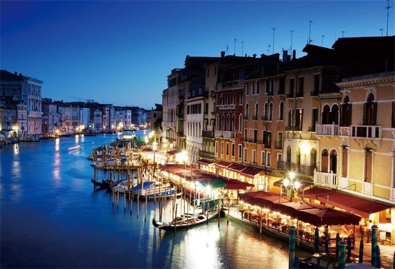 AOFOTO 9x6ft Italy Nightscape Venice Grand Canal Backdrop Europe Travel Water City Night View Lanscape Background Venetian Streets Boats Italian Party Decorations Adult Portrait Photo Shoot Props - Image 1